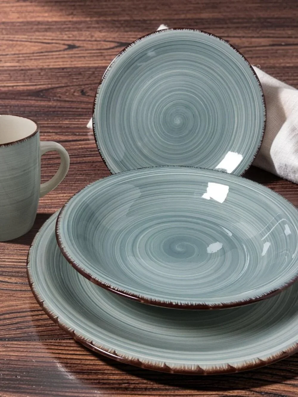 Vintage Royal Norfolk 1980s aqua swirl pattern Brown Edges 4pc. setting ceramic
